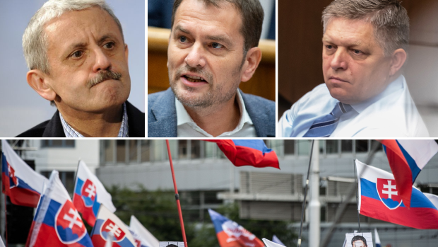 Expremiéři Mikuláš Dzurinda, Igor Matovič, Robert Fico a protivládní demonstrace