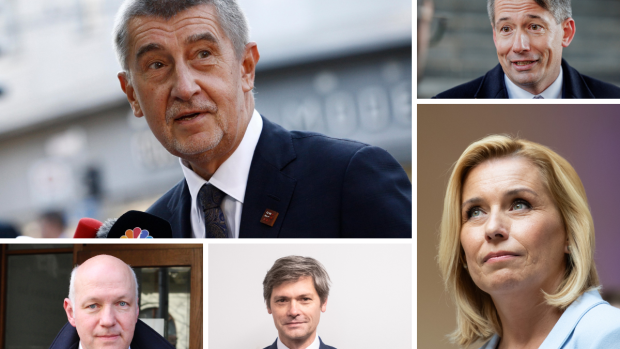 Prezidentští kandidáti z loňských voleb. Andrej Babiš, Karel Diviš, Pavel Fischer, Marek Hilšer a Danuše Nerudová