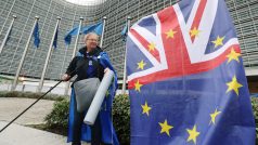 Žena mávající evropskou vlajkou před sídlem Evropské Komise