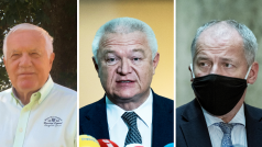Bývalý prezident Václav Klaus (vlevo), šéf poslanců hnutí ANO Jaroslav Faltýnek (uprostřed) a bývalý ministr zdravotnictví a epidemiolog Roman Prymula dostali pokutu za nenošení roušky na veřejnosti