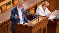 Bývalý premiér a předseda hnutí ANO Andrej Babiš při projevu ve Sněmovně