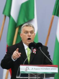 Hungary&#039;s Prime Minister Viktor Orban gestures as he speaks during Hungary&#039;s National Day celebrations, which also commemorates the 1848 Hungarian Revolution against the Habsburg monarchy, in Budapest, Hungary, March 15, 2018.