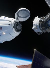 Vizualizace kosmické lodi Crew Dragon a Mezinárodní vesmírné stanice