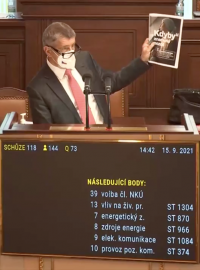 Premiér Andrej Babiš (ANO) ve sněmovně.. V ruce drží brožuru o prevenci rakoviny