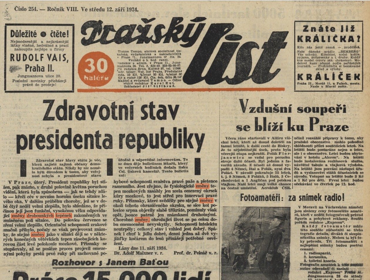 Zdravotní stav presidenta republiky - Pražský list (12. 9. 1934) 