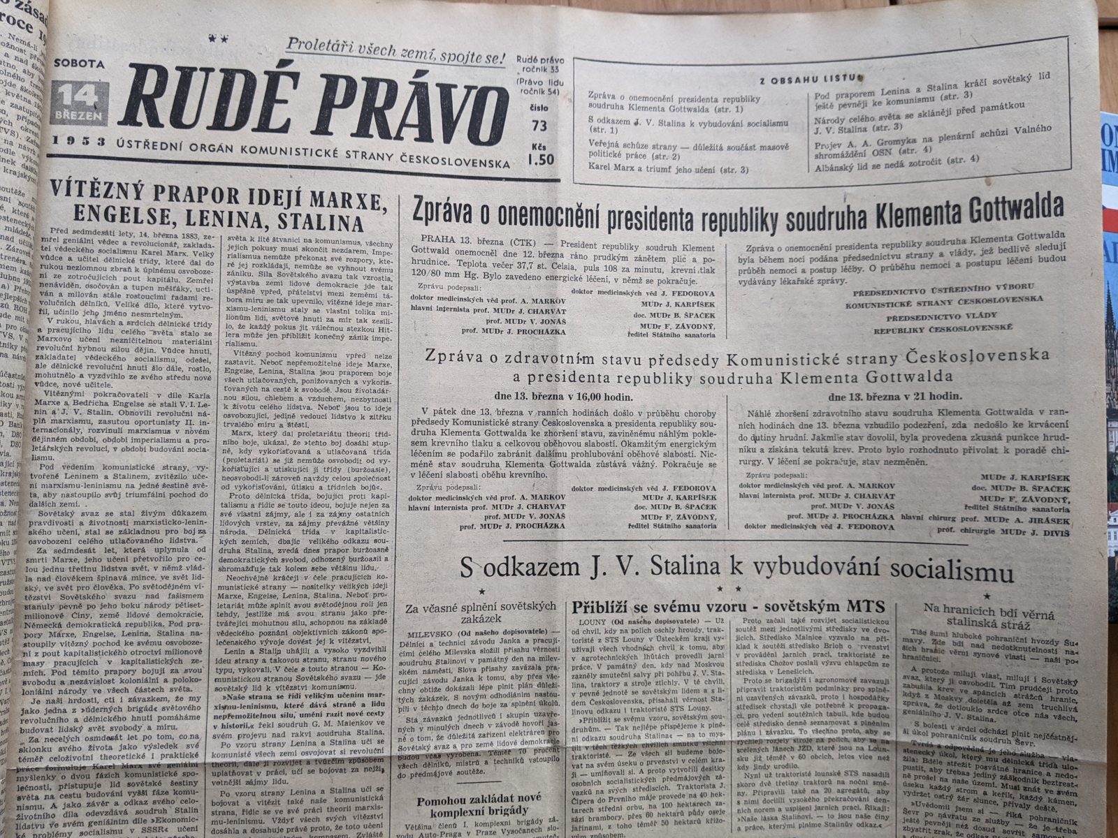 Zpráva o onemocnění presidenta republiky soudruha Klementa Gottwalda, Rudé právo (14. 3. 1953)
