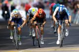 V dramatickém dojezdu 9. etapy Tour de France se z vítězství radoval Francouz Anthony Turgis (první zleva)