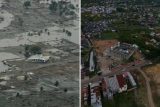 Mešita na srovnávací fotografii v oblasti postižené tsunami na předměstí indonéského města Banda Aceh