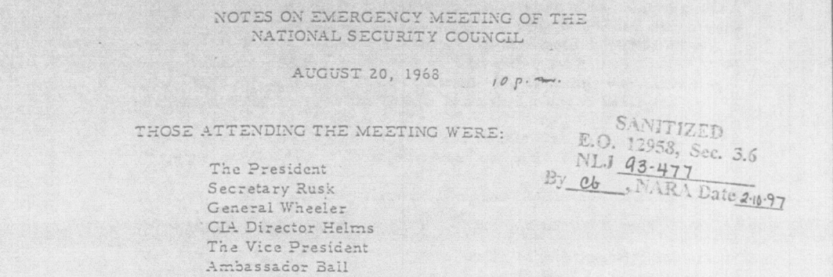 První strana zápisu z mimořádné porady amerického prezidenta kvůli invazi sovětských vojsk do Československa v srpnu 1968.