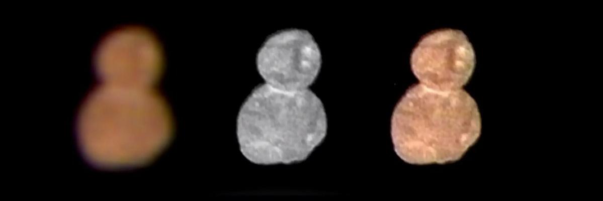 Planetka Ultima Thule v různých barevných variacích. Snímek pořídila sonda New Horizons