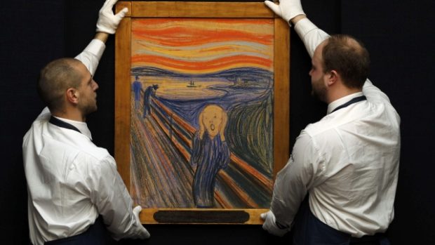 Obraz Edvarda Muncha The Scream (Výkřik) v aukční síni Sotheby&#039;s v Londýně