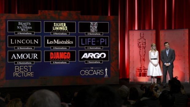 Oscarové nominace představili herečka Emma Stoneová s moderátorem Sethem MacFarlanem