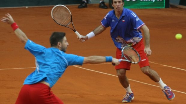 Radek Stepanek, right, and Jan Hajek of Czech Republic in action during a Davis Cup quaterfinal doubles match between Kazakhstan and Czech Republic in Astana