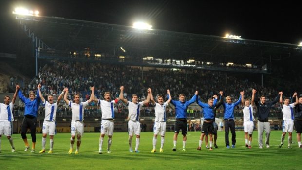 Odvetné utkání 4. předkola fotbalové Evropské ligy Slovan Liberec - Udinese Calcio 29. srpna v Liberci. Radost libereckých hráčů.