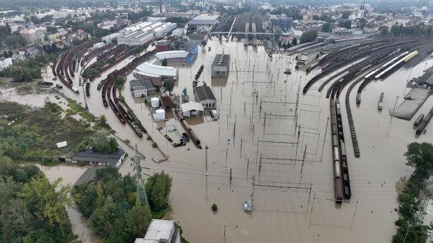 Zaplavená městská část Ostrava-Mariánské Hory, Ostrava-Přívoz, kde je hlavní nádraží