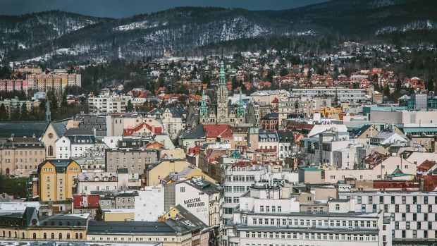 Pohled na historické centrum Liberece z budovy Krajského úřadu Libereckého kraje