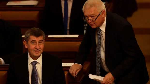 Andrej Babiš a Jaroslav Faltýnek z hnutí ANO v Poslanecké sněmovně