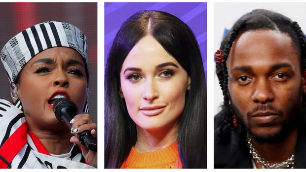 Přehled nominací na Grammy: (nahoře zleva) Cardi B, Brandi Carlilová, Drake a H.E.R., (dole zleva) Post Malone, Janelle Monaeová, Kacey Musgravesová a Kendrick Lamar