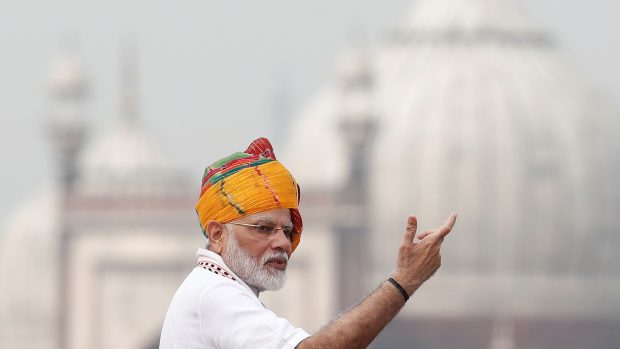 Indický premiér Módí během svého proslovu v Dillí.