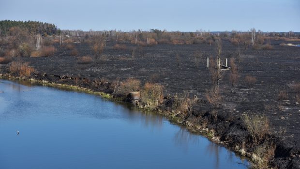 Ohněm zničená oblast v „zakázané zóně“ v okolí elektrárny Černobyl.