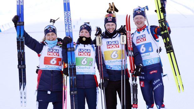 Norské kvarteto: Ingrid Landmark Tandrevoldová, Marte Olsbu Roeiselandová, Sturla Holm Laegreid and Johannes Thingnes Bö.