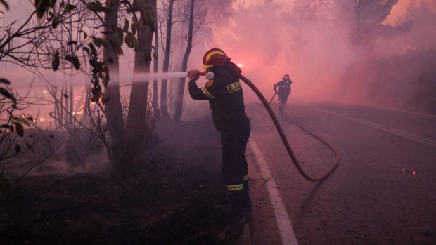 Hasiči u rozsáhlého požáru u města Dionysos nedaleko Atén