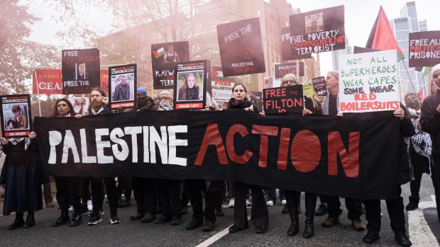 Organizace Palestine Action na pro-palestinském protestu v Londýně