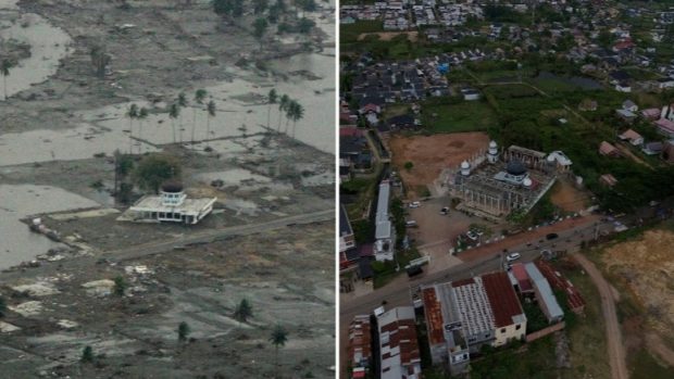 Mešita na srovnávací fotografii v oblasti postižené tsunami na předměstí indonéského města Banda Aceh