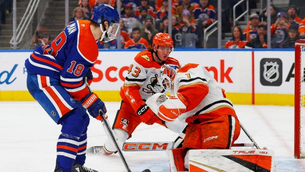 Brankář Anaheimu Lukáš Dostál v akci při zápase NHL proti Edmontonu