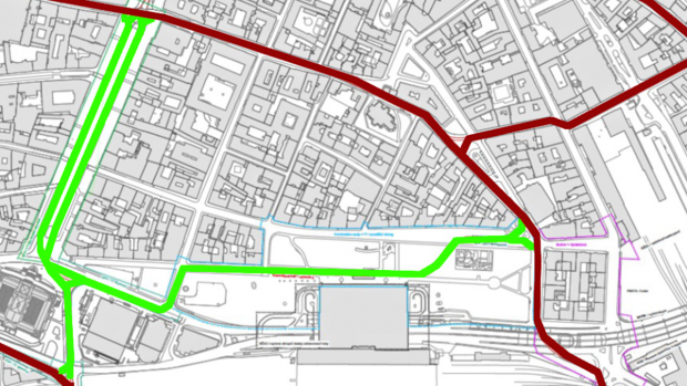 Nová linka tramvaje (zeleně), která povede z Vinohradské ulice a u Národního muzea se rozdělí na směr na Václavské náměstí a na hlavní nádraží