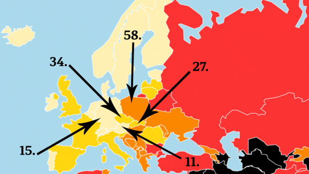 Umístění Česka a sousedních zemí v žebříčku Reportérů bez hranic pro rok 2018.