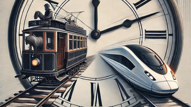 Obrázek vygenerovala DALL·E na základě promptu A conceptual illustration for a news article about comparing life spans with historical events. The image features a large clock face in the center