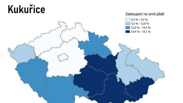 Zastoupení plodin na orné půdě podle krajů.