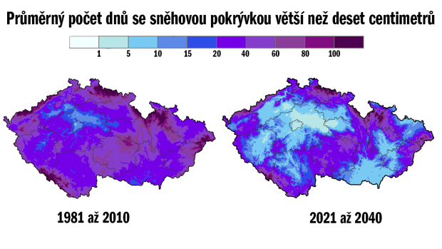 Průměrný počet dnů se sněhovou pokrývkou větší než 10 centimetrů podle modelu klimatu IPSL - střední odhad. Jde o optimističtější scénář, kdy se podaří omezit emise skleníkových plynů a koncentrace CO₂ v atmosféře se ustálí na na nižší úrovni.