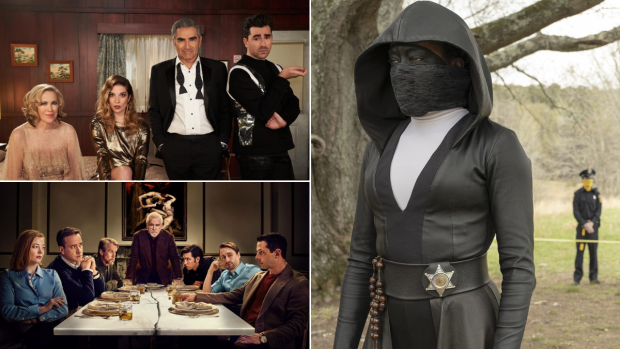 Vítězové 72. cen Emmy: (vlevo nahoře) Schitt&#039;s Creek, (vlevo dole) Boj o moc, (vpravo) Watchmen