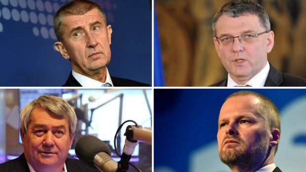 Zleva: Předseda hnutí ANO Andrej Babiš, volební lídr ČSSD Lubomír Zaorálek, předseda KSČM Vojtěch Filip a předseda ODS Petr Fiala.