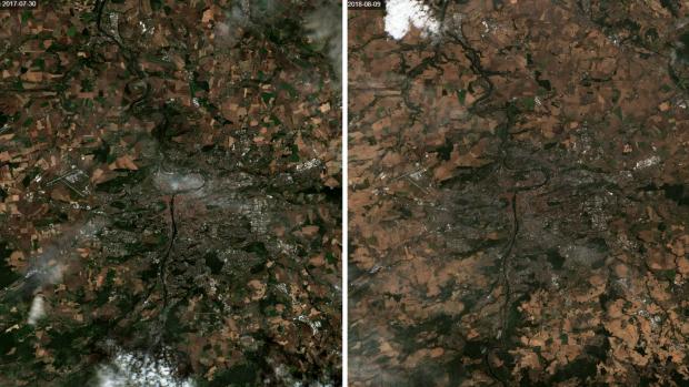 Praha 30. července 2017 (vlevo) a 9. srpna 2018 pohledem družice Sentinel 2