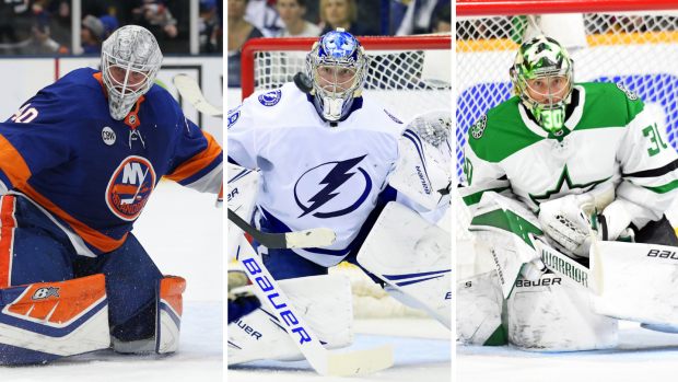 V nominaci na Vezinovu trofej pro nejlepšího brankáře základní části NHL jsou Robin Lehner z New York Islanders (vlevo), Andrej Vasilevskij z Tampy Bay (uprostřed) a Ben Bishop z Dallasu