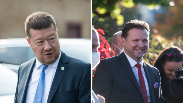 Předseda hnutí SPD Tomio Okamura a poslanec hutí ANO Radek Vondráček