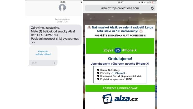 Podvodná SMS, která vypadá jako z e-shopu Alza