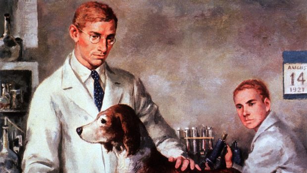 Lékař sir Frederick Banting a student medicíny Charles Best izolují inzulin