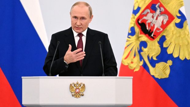 Ruský prezident Vladimir Putin během projevu k připojení čtveřice regionů Ukrajiny