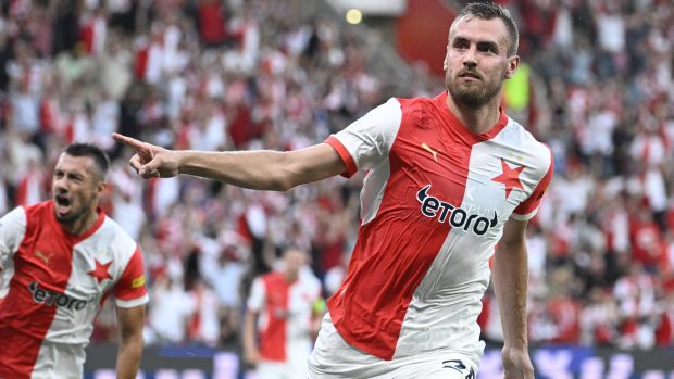 Fotbalista pražské Slavie Tomáš Chorý slaví gól proti belgickému Royale Union Saint-Gilloise v domácím utkání 3. předkola Ligy mistrů