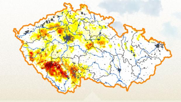 Aktuální stav sucha v České republice (červené oblasti jsou nejsušší).