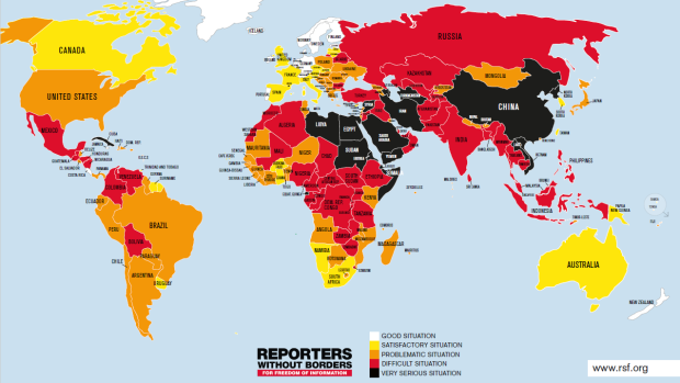 Mapa, která ukazuje, jak svobodná jsou podle Reportérů bez hranic v roce 2019 média v zemích po celém světě.