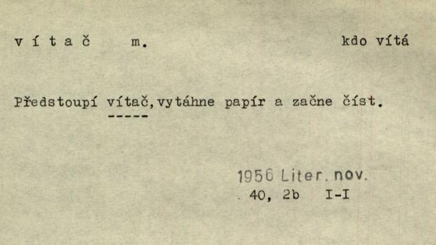 Takto použily slovo vítač Literární noviny v roce 1956. Zachyceno na lístku lexikálního archivu.