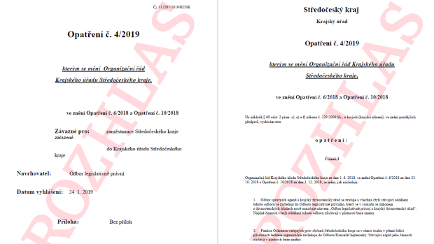 Dokument úřadu Středočeského kraje, na základě něhož došlo ke sloučení odboru, který má řešit odvolání premiéra Andreje Babiše (ANO) proti rozhodnutí Černošic o jeho údajném střetu zájmů.