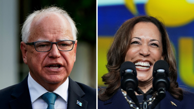 Americká kandidátka na prezidentku Kamala Harrisová a její kandidát na viceprezidenta Tim Walz