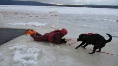 Záchranáři procvičovali na břehu Lipna vyprošťování z ledového zajetí