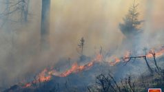 Dohašování požáru lesa v Beskydech komplikuje silný vítr
